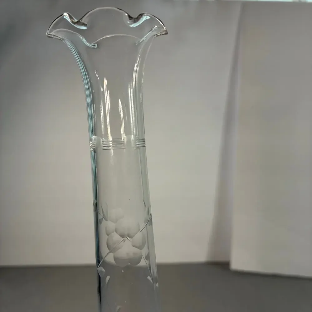 Vintage Etched Clear Glass Bud Vase 10 Inch Ruffled Flared Rim Floral Design